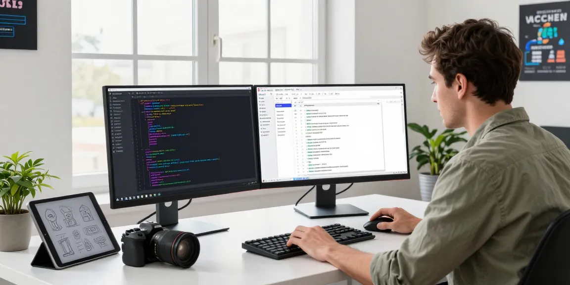 Software engineer coding with dual monitors in a bright workspace, emphasizing slot in tech innovation.
