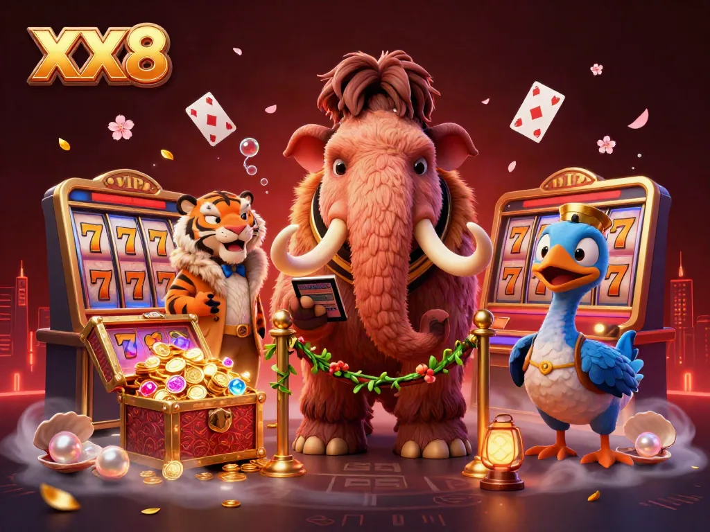 Experience excitement with XX8 as a woolly mammoth bouncer oversees a vibrant casino scene.