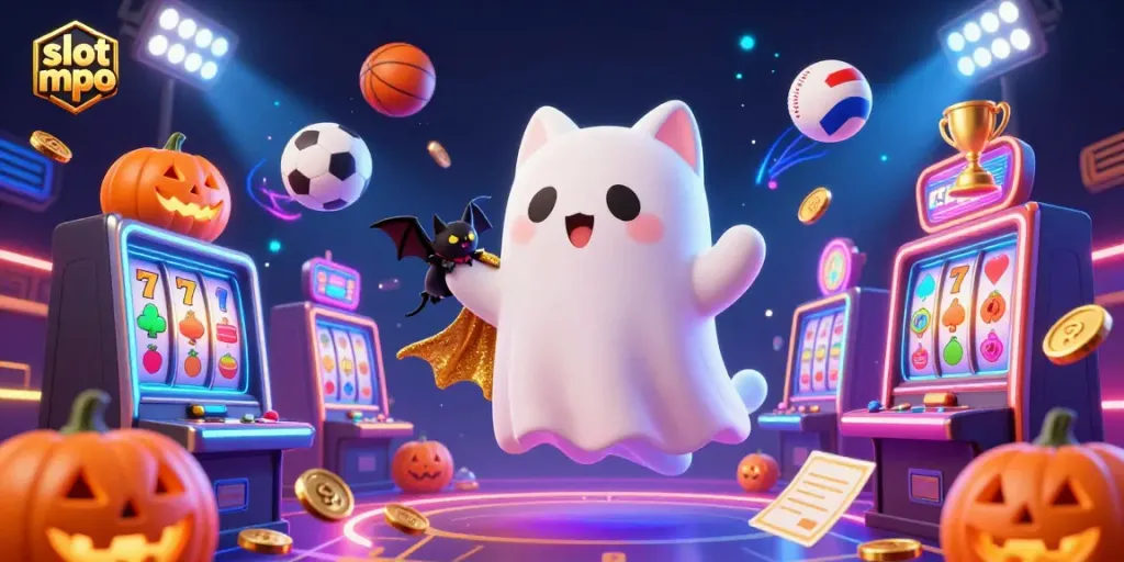 Interactive experience with slot mpo featuring a ghost cat and vampire bat in a lively casino.