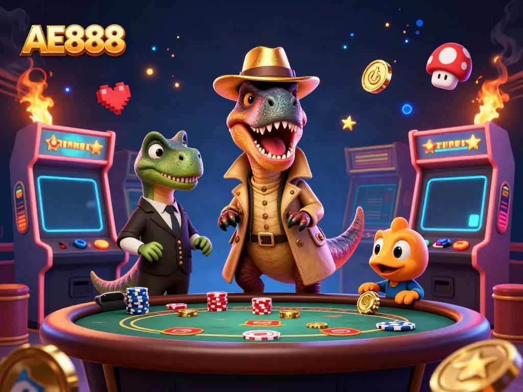 Experience AE888 casino gaming with a velociraptor card counter at a lively blackjack table.
