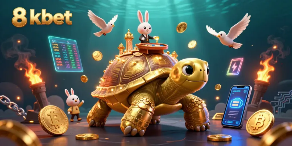 Engage with 8xbet's thrilling gaming experience featuring vibrant casino elements and a golden tortoise