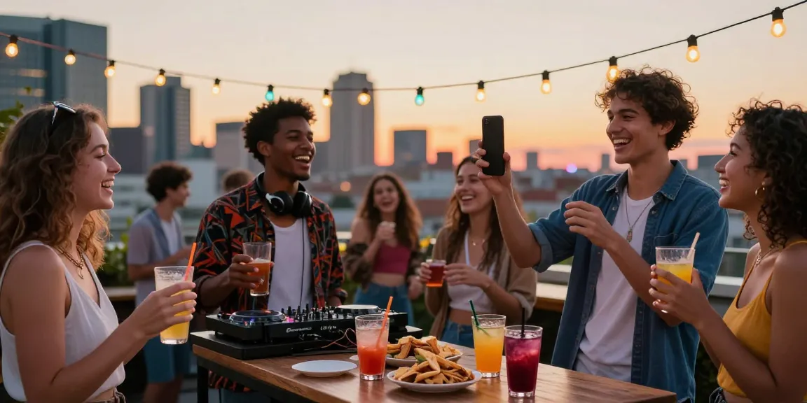 Friends enjoying a vibrant rooftop party while capturing moments for peh888 with stylish outfits and colorful snacks.