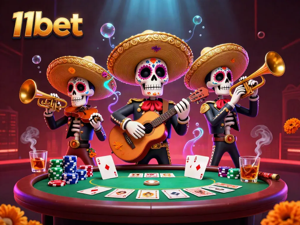Engage with thrilling 11bet casino action featuring vibrant mariachi characters and poker elements.