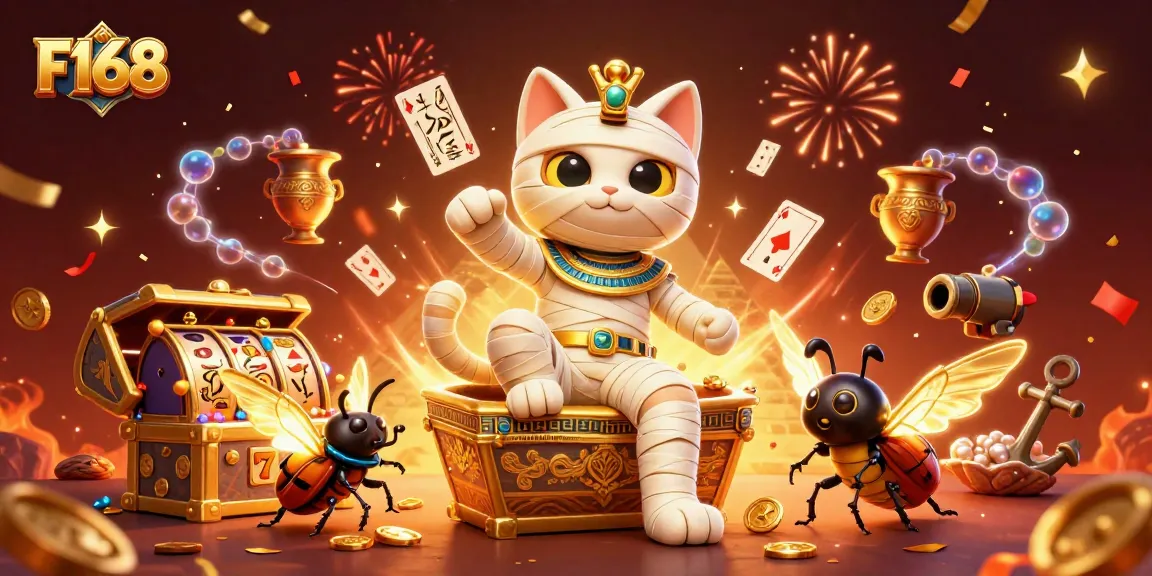 Engage in thrilling casino fun with F168's Egyptian mummy cat and scarab beetle amidst colorful slot reels.