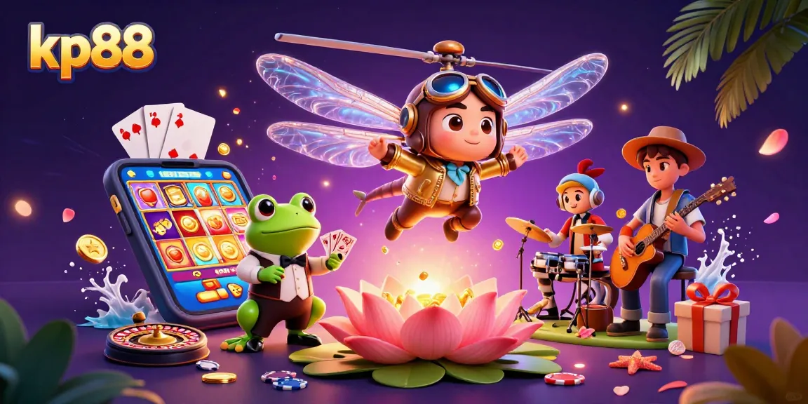 Engage with kp88's vibrant gaming scene featuring charming characters, slot games, and casino elements.
