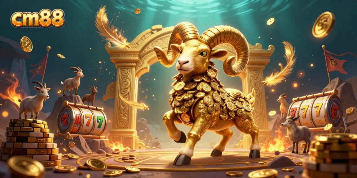 Engage in the excitement of cm88 with a 3D illustration showing a golden ram charging through a dramatic casino scene.