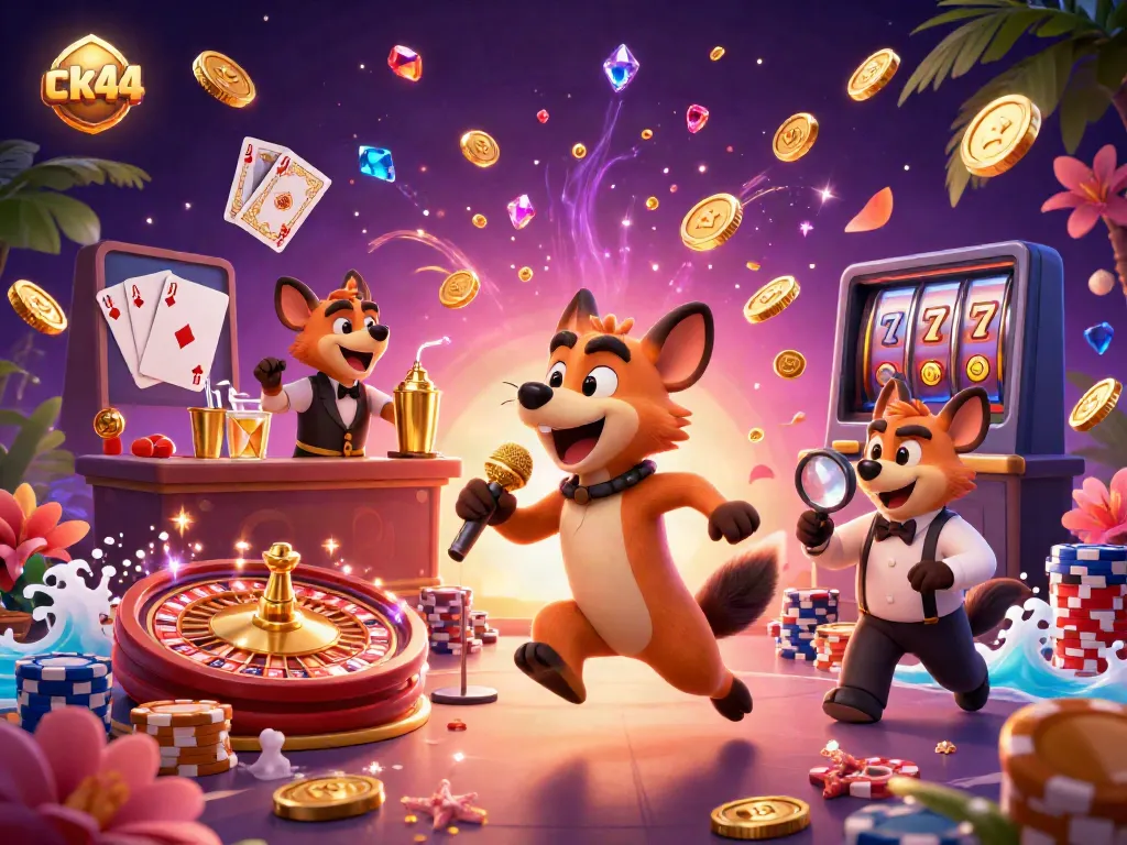 Engage with ck44's lively casino scene featuring hyenas and vibrant gaming elements, highlighting humor and excitement.