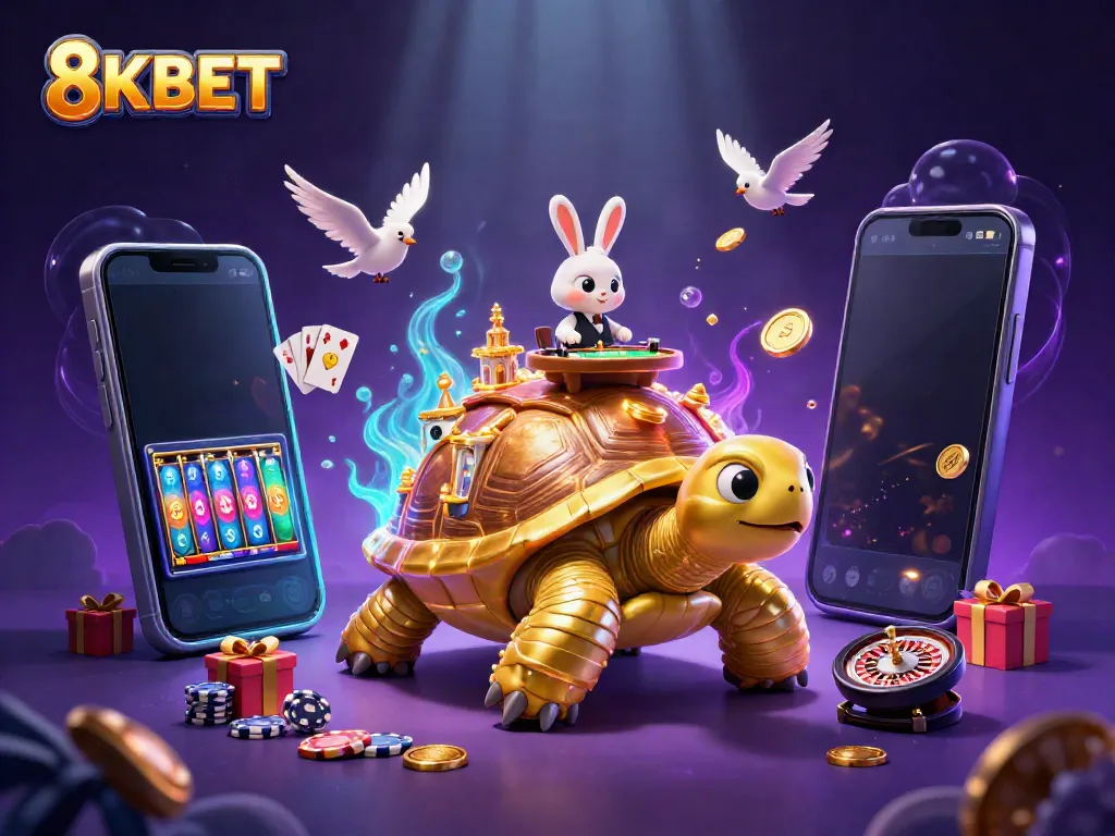 Experience thrilling gameplay with 8KBET featuring a giant golden tortoise and rabbit dealer amidst vibrant casino elements.