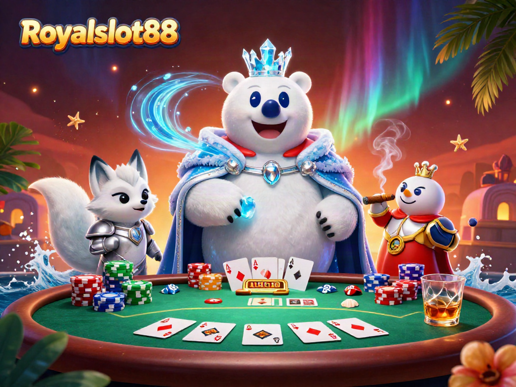 Gambarlah Royalslot88 saat bermain poker dengan raja es kutub dan rubah salju di meja judi.