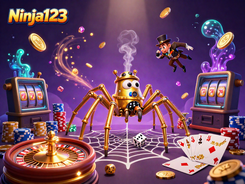 Ninja123 spins the roulette and rolls dice in a vibrant 3D casino scene with sparkling gems.