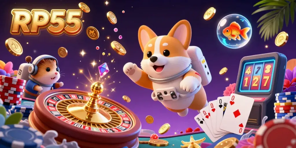 Gambarkan slot kasino RP55 dengan corgi astronaut, hamster, dan ikan sambil menentukan keberuntungan.