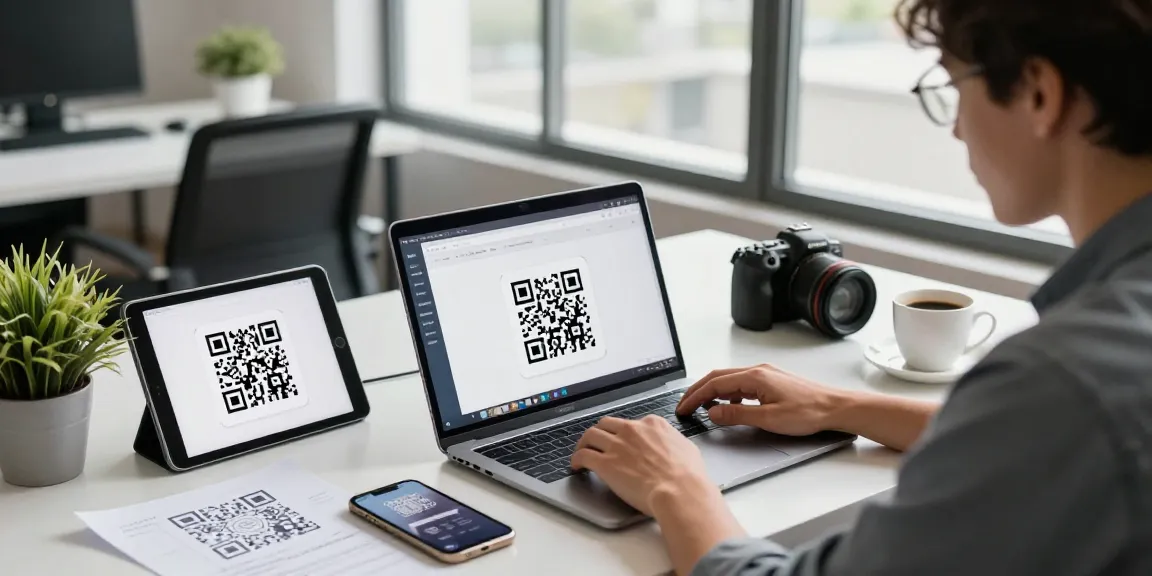 Using a qr code scanner on laptop with multiple devices and QR codes in a modern office environment.