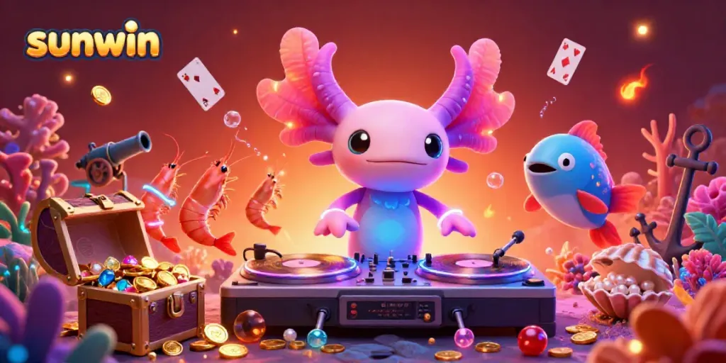Experience sunwin's electrifying gaming scene with a vivid axolotl DJ and dazzling gems.