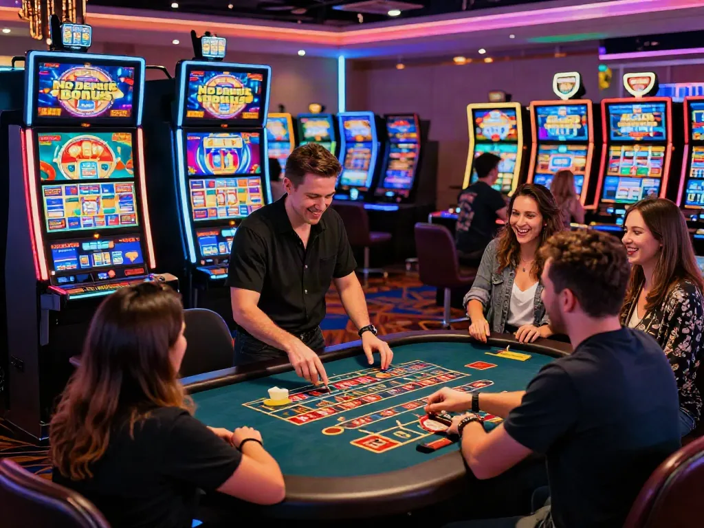 Casino Bonus ohne Einzahlung in aufregender Casino-Atmosphäre mit Spielern und Angeboten.