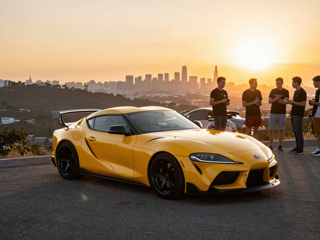 The A80 platform showcased in an automotive scene, highlighting the Toyota Supra A80 against a sunset backdrop with enthusiasts engaging passionately.