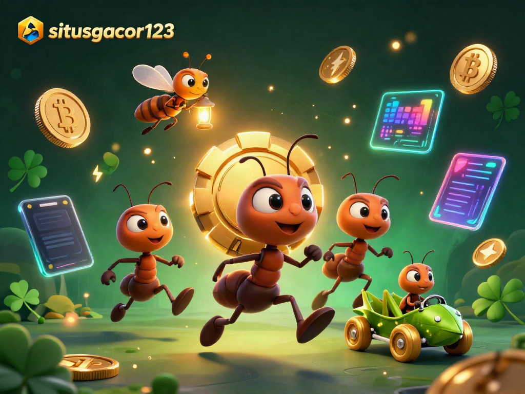 Capture thrilling moments at situsgacor123 with ants carrying a giant poker chip amidst vibrant gaming elements.