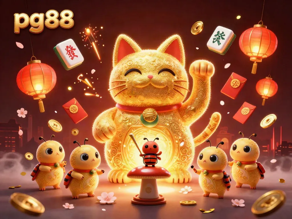 Experience the excitement of pg88 gaming with a vibrant illustration of a lucky cat surrounded by festive casino elements.
