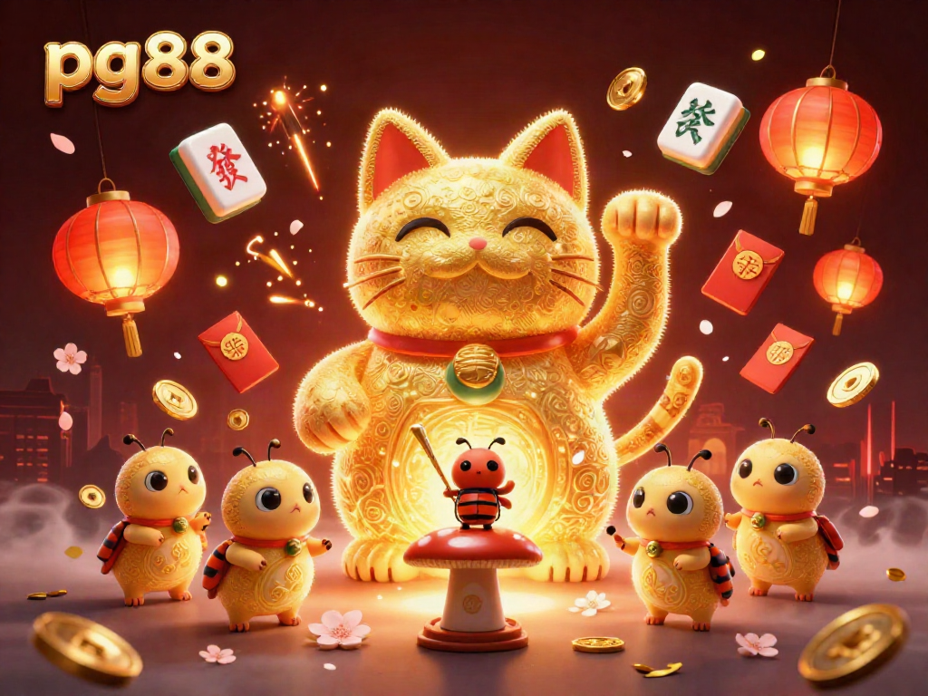 Experience the excitement of pg88 gaming with a vibrant illustration of a lucky cat surrounded by festive casino elements.