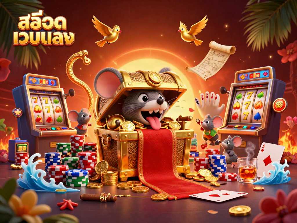 Experience the excitement of สล็อตเว็บตรง with a vibrant 3D casino illustration featuring a treasure chest and adventurer mice.