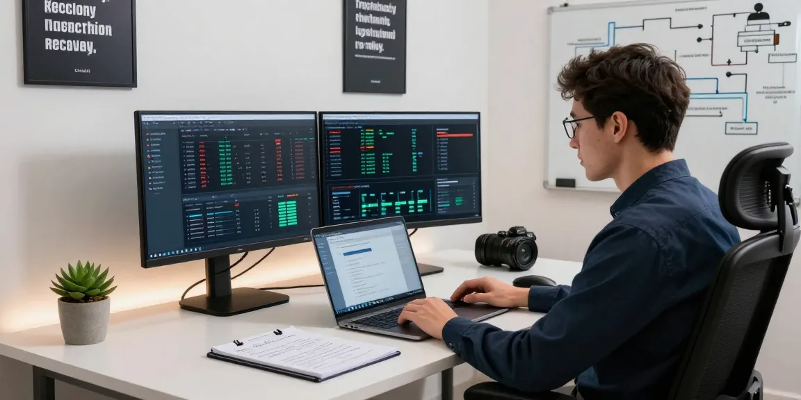 Expert recovering lost crypto with dual monitors showing analytics, modern office setup.