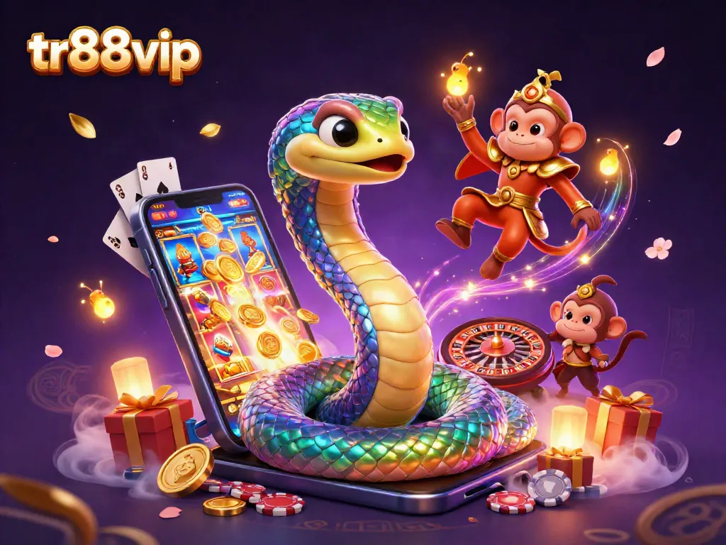 Engage with tr88vip in this vibrant 3D scene showcasing a rainbow serpent, slot games, and thrilling casino elements.