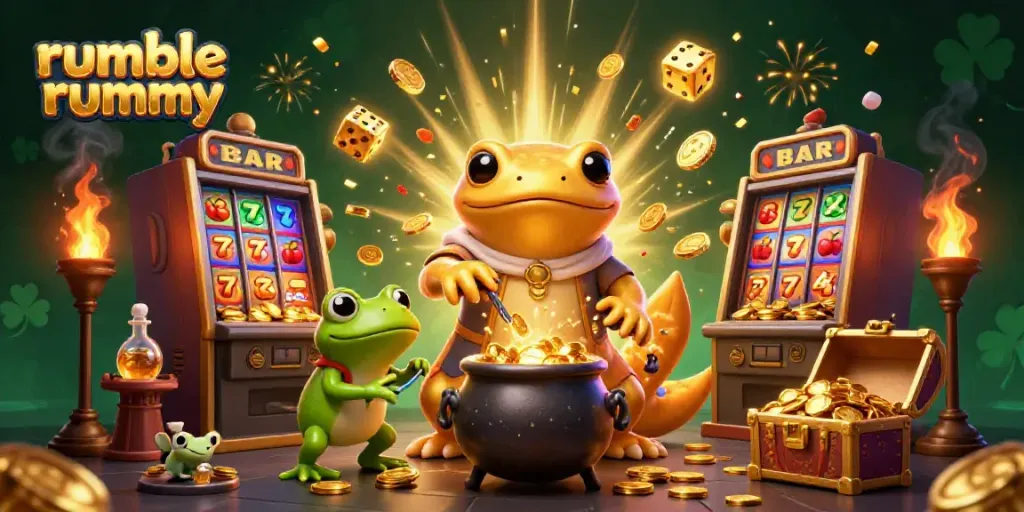 Experience the excitement of rumble rummy with golden alchemy, slot machines, and dynamic game elements.
