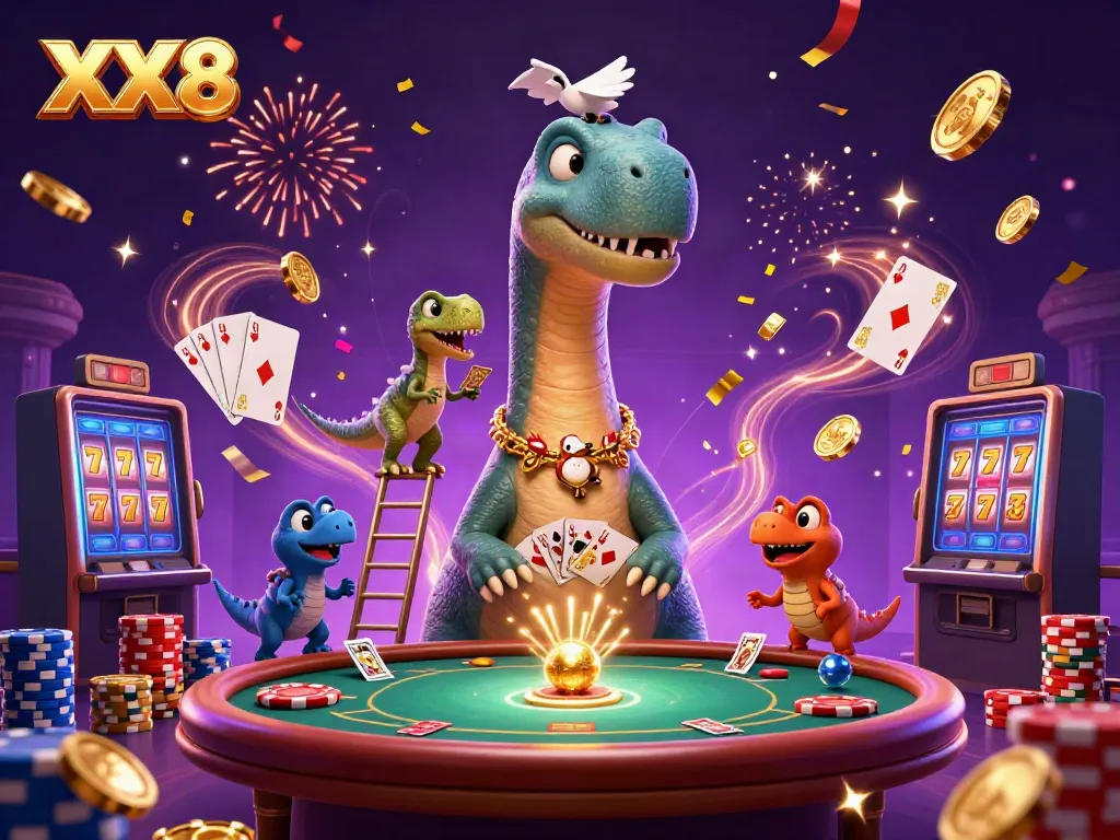 Experience the vibrant world of XX8 Casino with a raptor dealing cards amidst cascading coins and a towering brontosaurus.