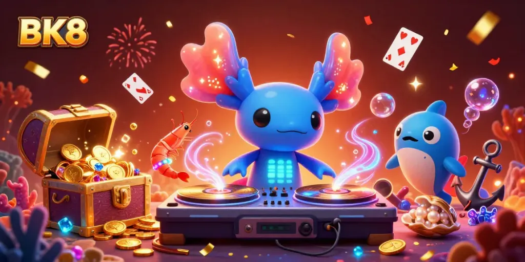 Engage with BK8's vibrant underwater casino experience featuring an axolotl DJ, lively characters, and dynamic fun.