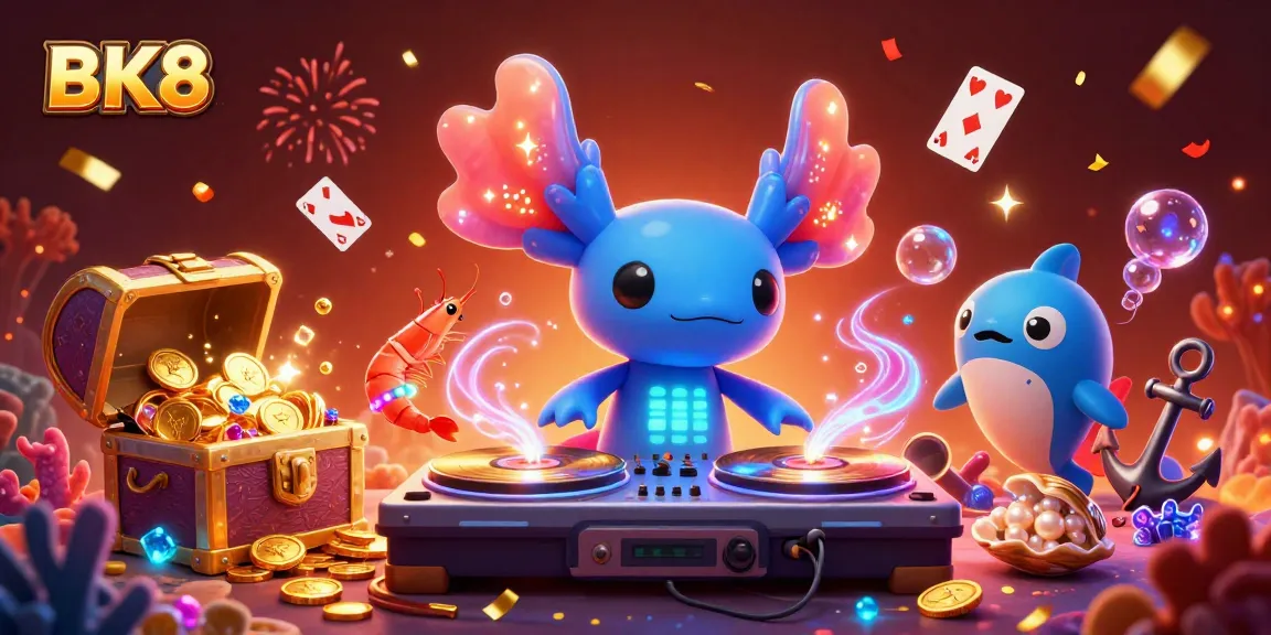 Engage with BK8's vibrant underwater casino experience featuring an axolotl DJ, lively characters, and dynamic fun.