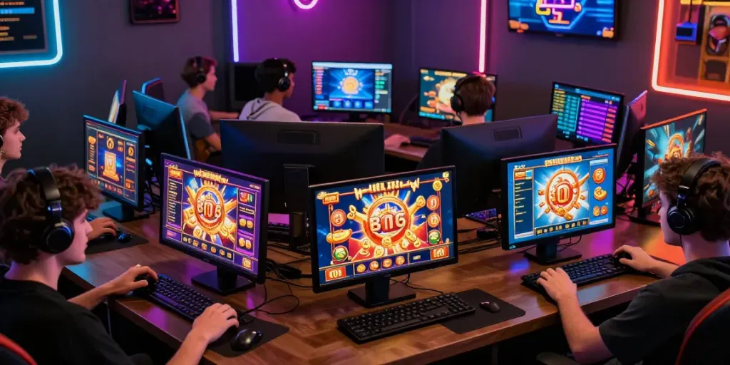 Dynamic online gaming scene highlighting slot88 gameplay with diverse players enjoying big wins.