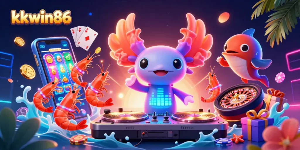 kkwin86 challenges players with vibrant 3D casino action featuring a DJ axolotl and captivating gambling elements.