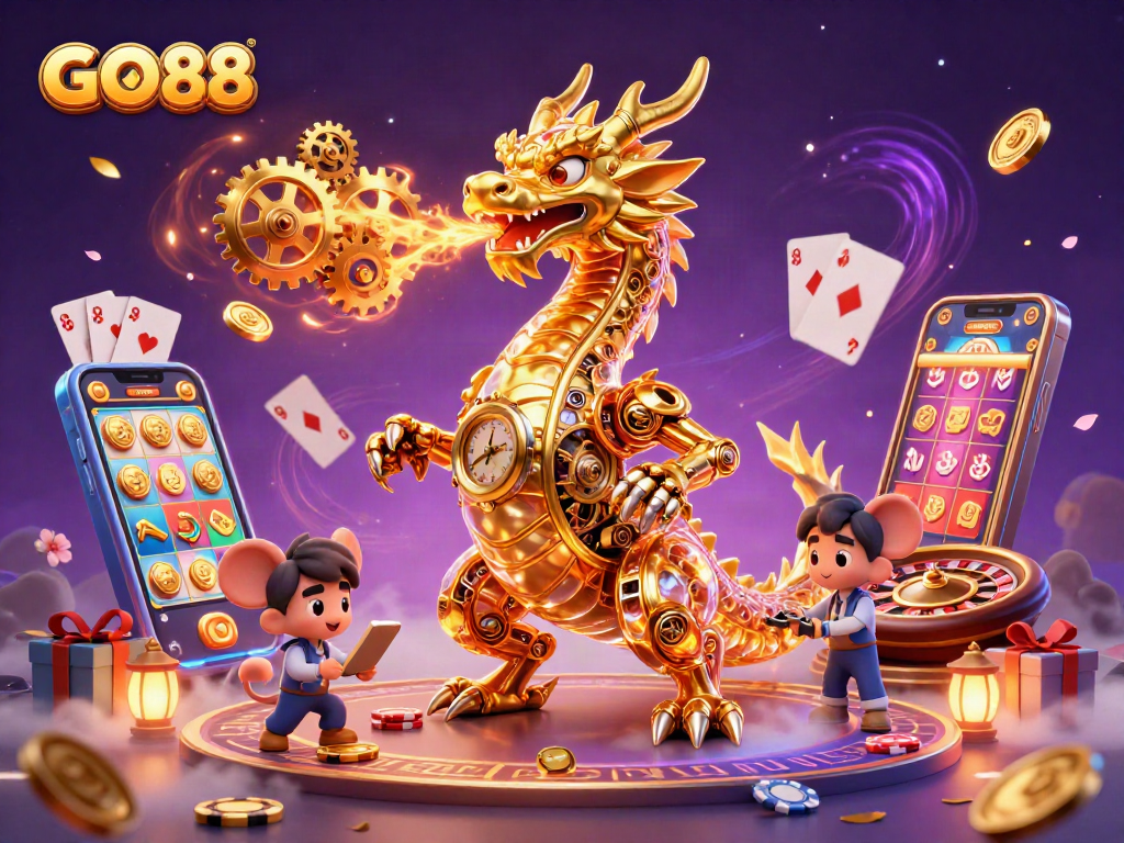 Experience GO88 with a vibrant 3D dragon in a rich casino scene featuring dynamic gaming elements.