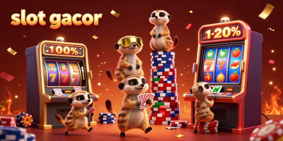 Experience slot gacor excitement with dynamic meerkats orchestrating a colorful casino atmosphere, featuring spinning reels and jackpot displays.