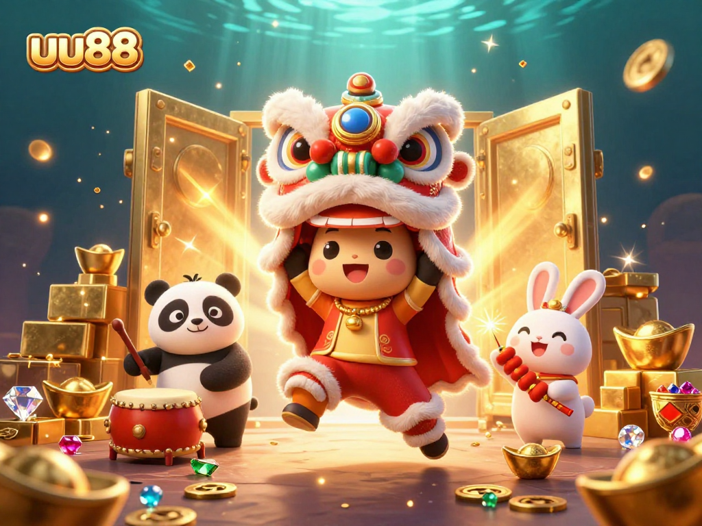 uu88 features a vibrant casino scene with lion dance characters amid glimmering treasures.