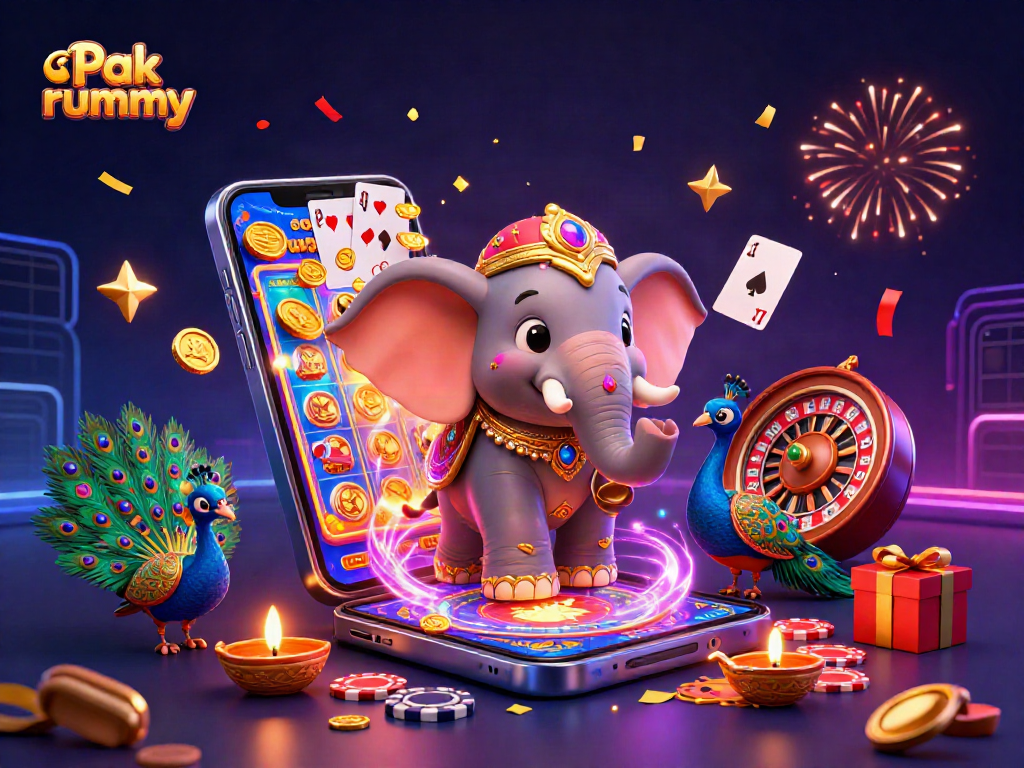 Experience thrilling gameplay in Pak rummy with vibrant visuals of games and festive characters.