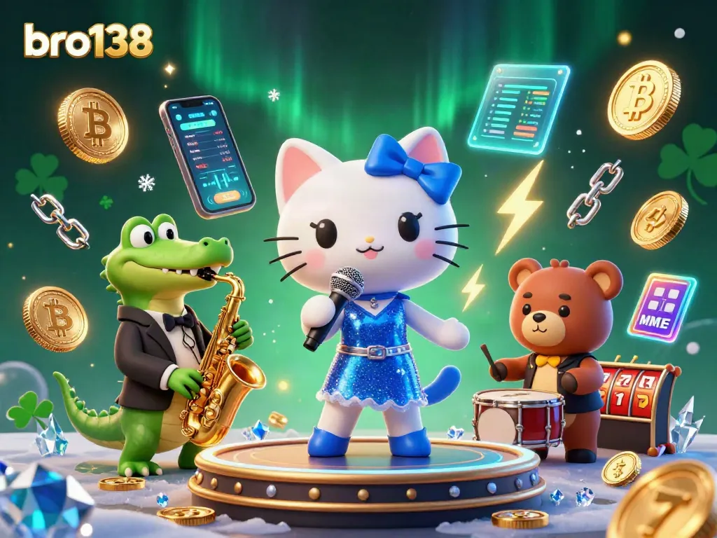 Engage with bro138's vibrant casino experience featuring a lively jazz-singer cat and dynamic slot games.