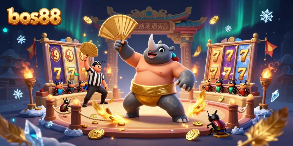 Engage with slot action at bos88 featuring a sumo beetle champion amidst gold coins and dynamic game elements.