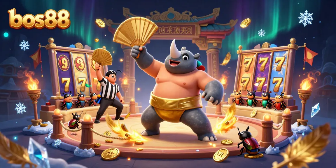 Engage with slot action at bos88 featuring a sumo beetle champion amidst gold coins and dynamic game elements.