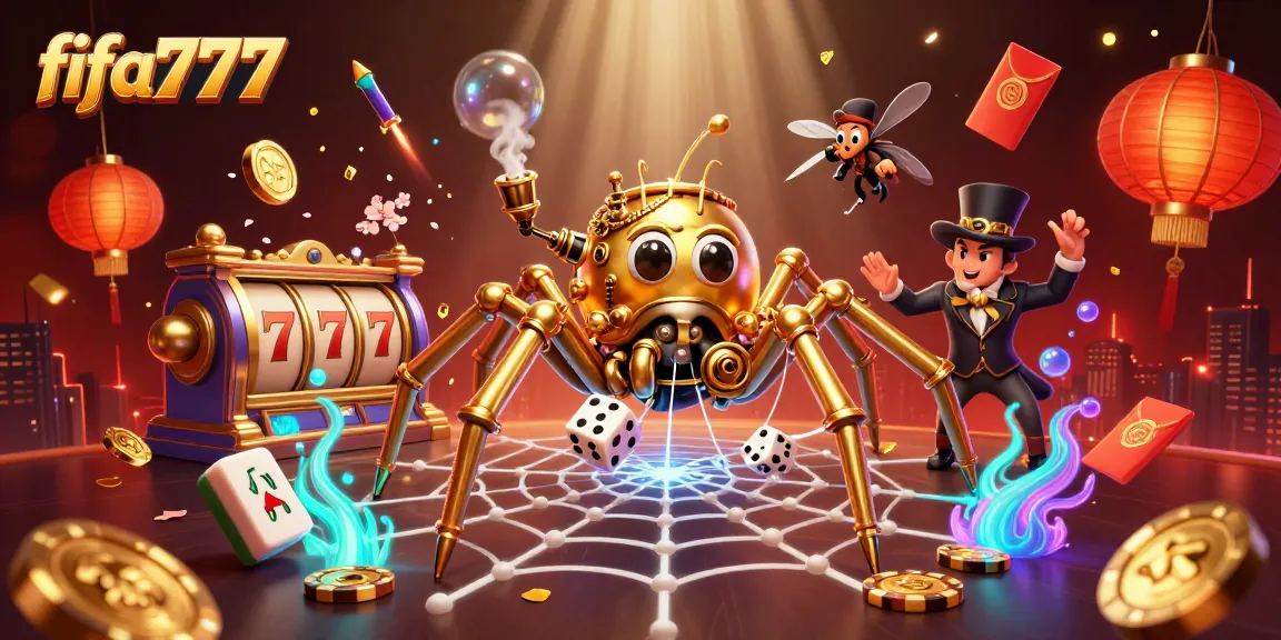 Fifa777 showcases a vibrant 3D scene with a steampunk spider catching dice among slots and treasures.