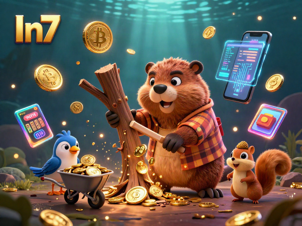 Join In7 for thrilling casino adventures with a beaver and friends collecting coins amidst vibrant crypto elements.