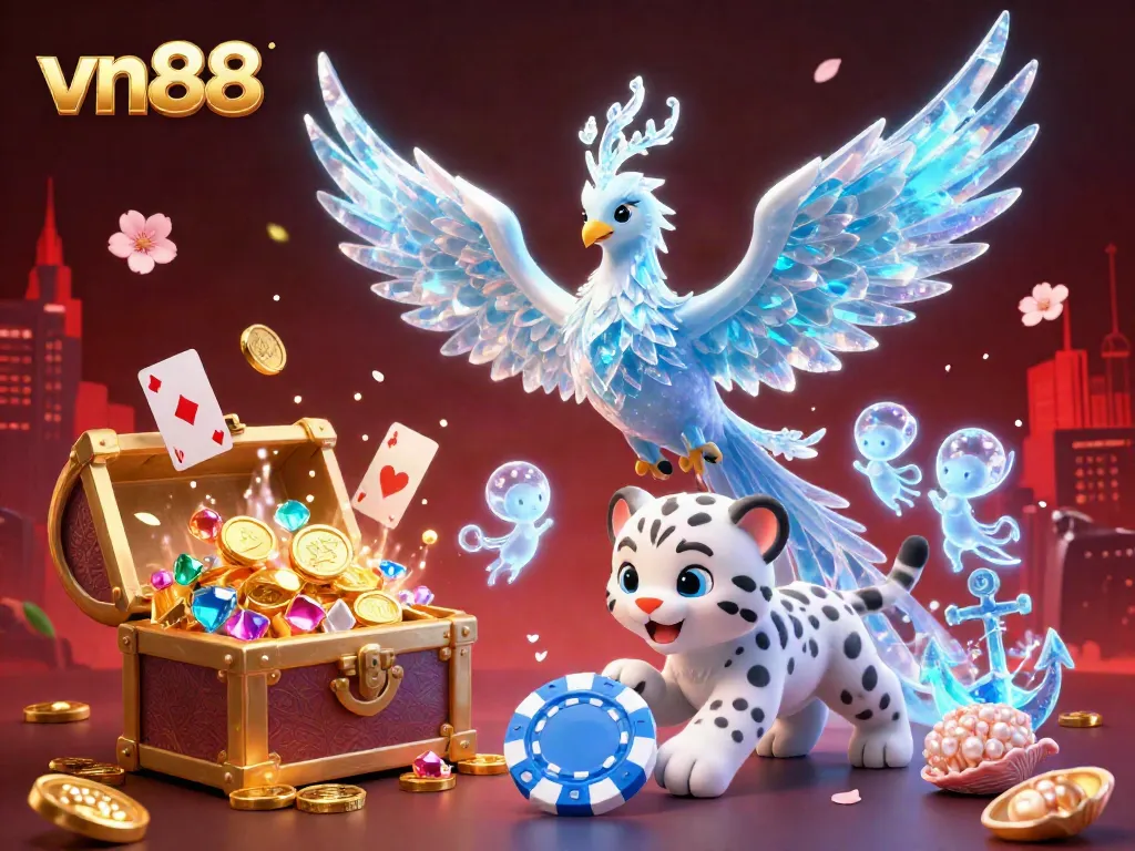Join the vibrant world of vn88 with a dazzling ice phoenix and snow leopard in this 3D casino illustration.
