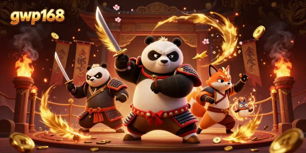 GWP168 - Panda samurai beraksi dalam suasana kasino yang magis dengan arsitektur bersejarah.