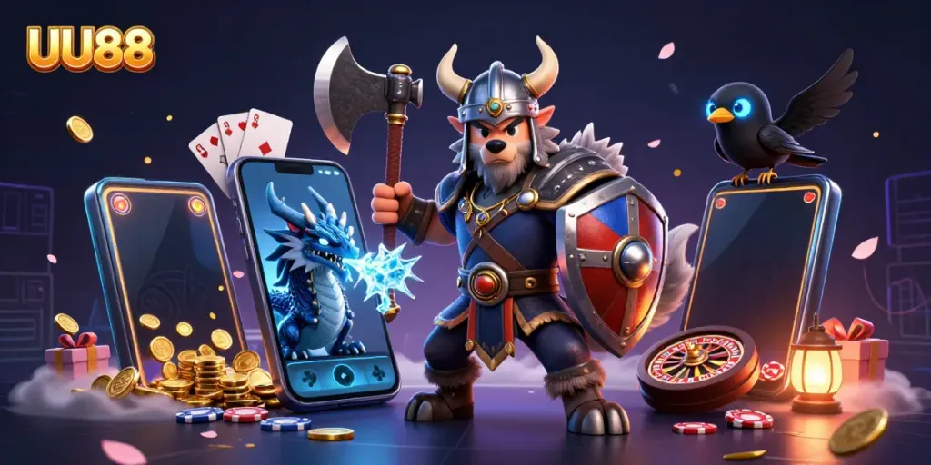 Experience the thrill of casino gaming with UU88's Viking warrior, dragon, and raven in an immersive 3D scene.