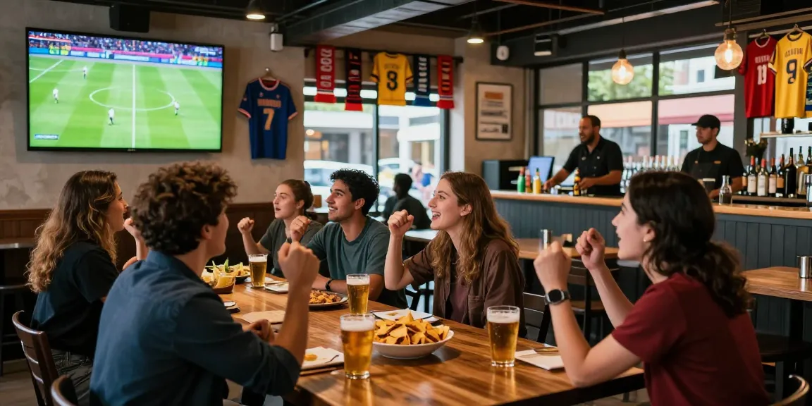 Exciting sports bar atmosphere featuring friends cheering during a match, موقع IHD Sports showcases live soccer.