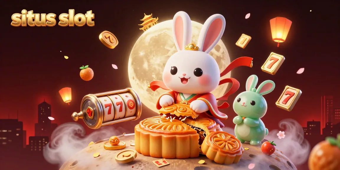 Mengguncang permainan situs slot dengan ilustrasi menarik karakter kelinci bulan tradisional dan simbol game.