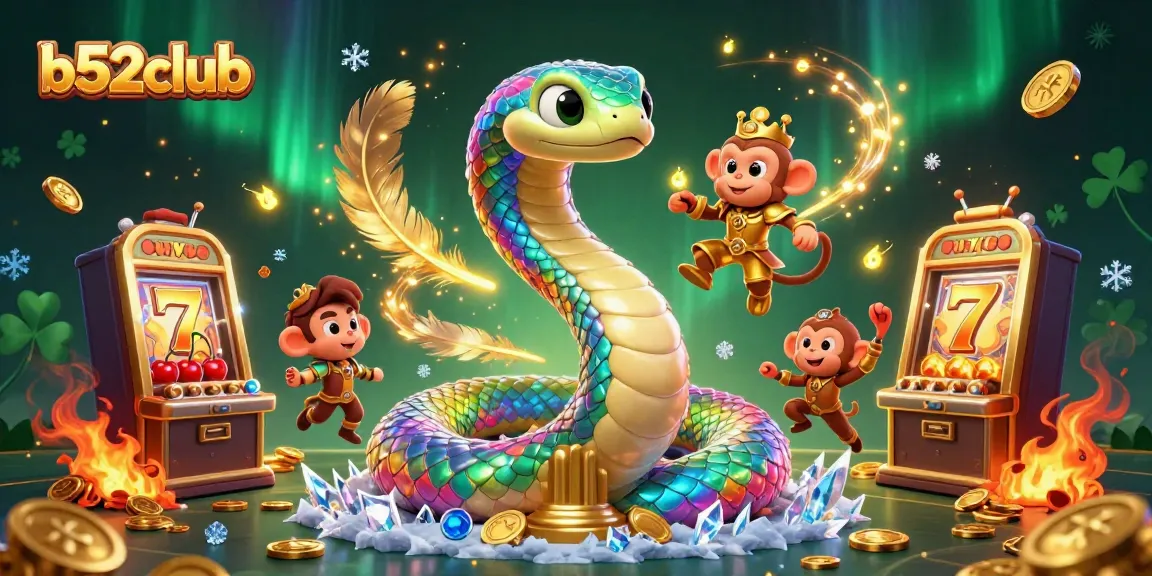 B52club showcases a vibrant casino scene with a colorful serpent and playful monkey amidst exciting slot game elements.