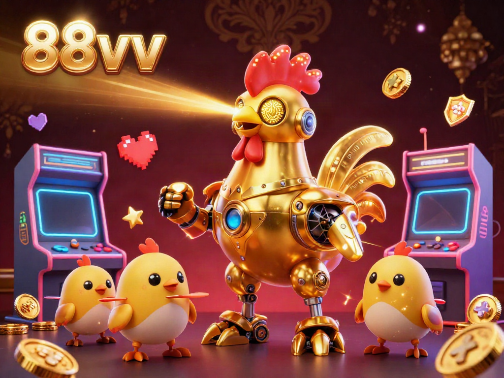 Experience exciting gameplay at 88vv with a golden rooster robot and arcade elements, emphasizing jackpot thrills.