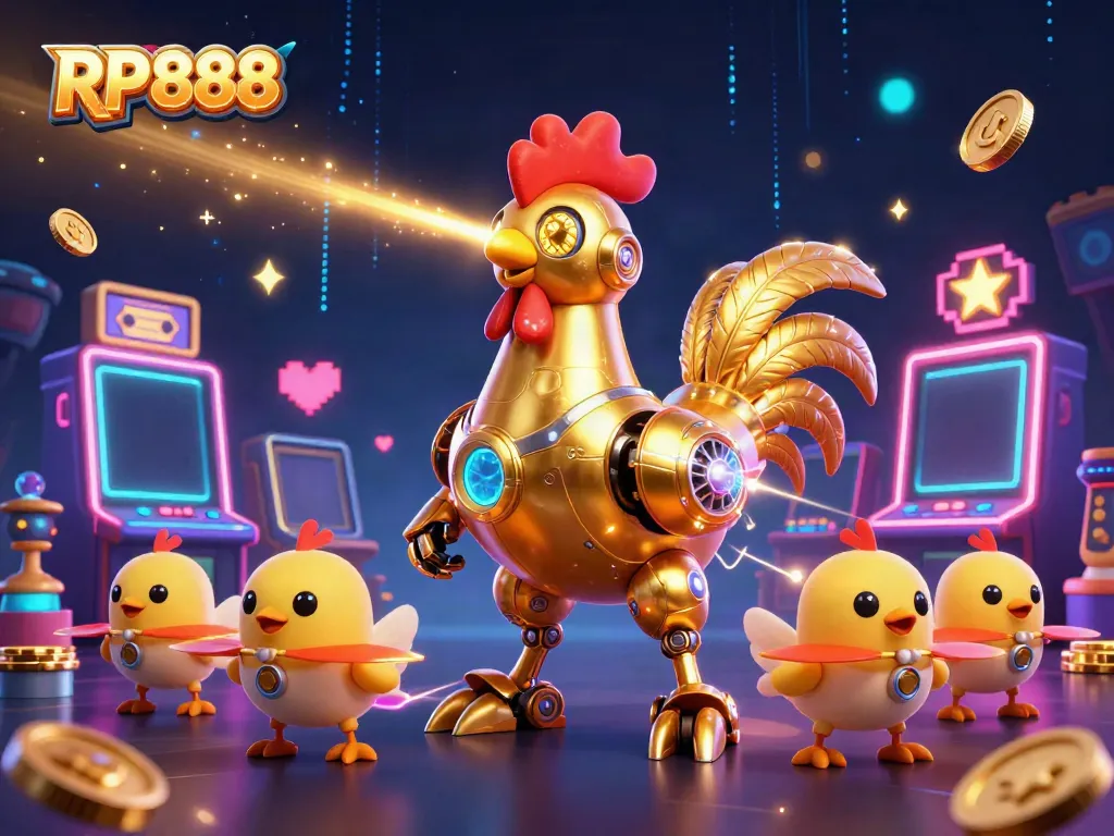 Engage with the dynamic 3D casino illustration showcasing RP888's exciting slot experience.