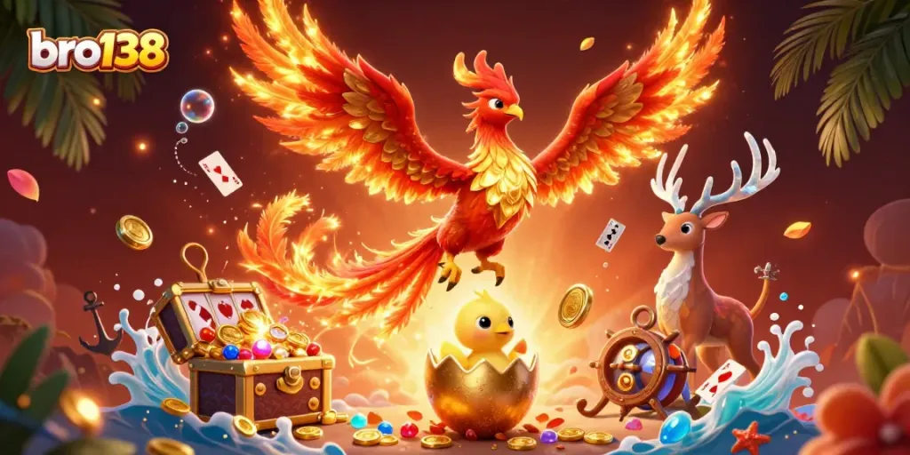 Experience the thrill of bro138 with vibrant symbols and a phoenix symbolizing fortune in this dazzling digital illustration.