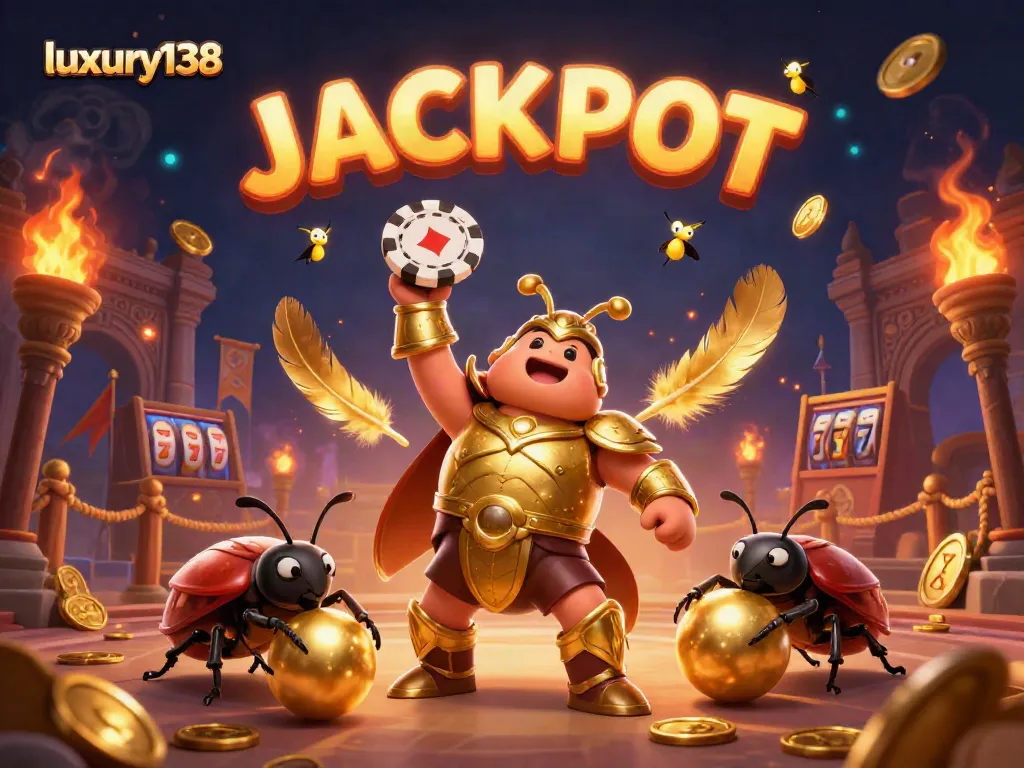 Experience thrilling gaming action with luxury138's vibrant casino illustration featuring a victorious beetle.
